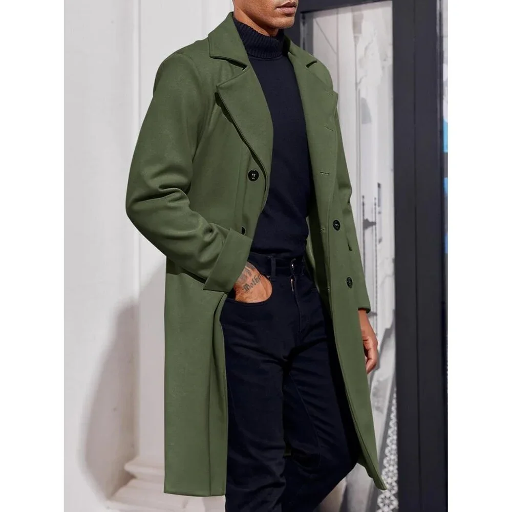 Men's Army Green Notch Lapel Double Breasted Trench Coat Cotton Blend Pea coat